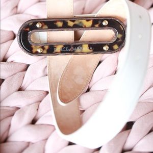 DOLCE & GABBANA White Leather Belt with Gold Studs, Wood, Tortoise Shell Inlay